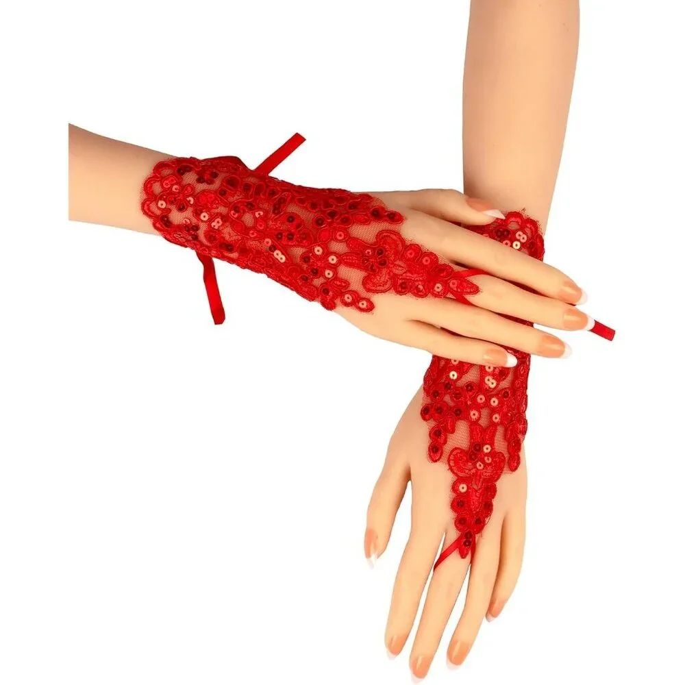 Women's Rhinestone Fingerless Red Gloves Bride Wedding Party Prom Accessories